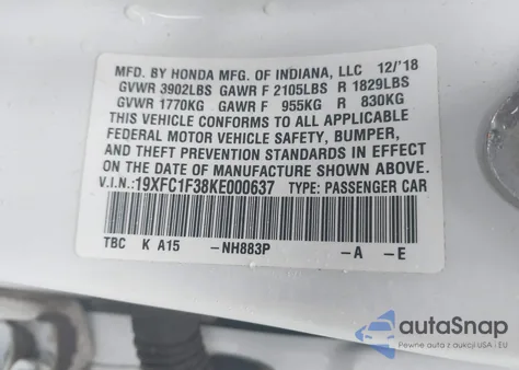 2019 Honda Civic Ex z USA, uszkodzony, nr VIN 19XFC1F38KE000637